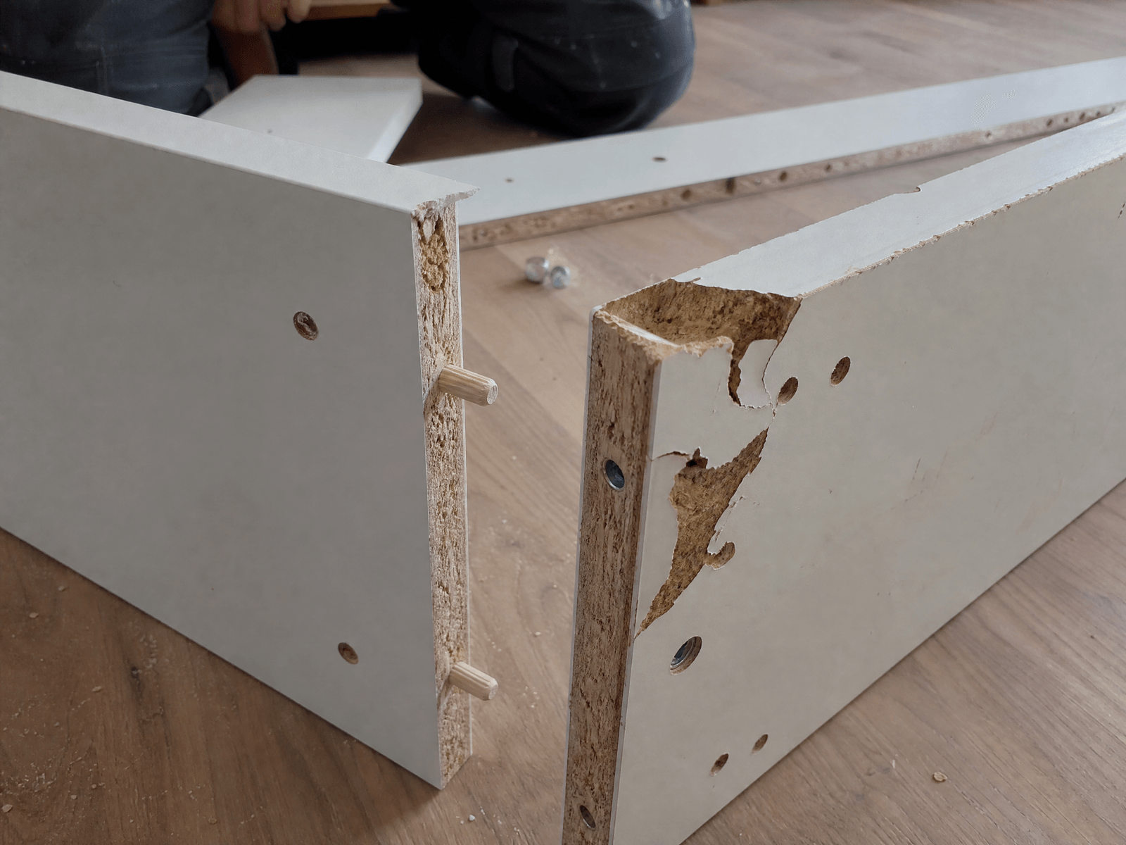 Close-up detail relevant to flat pack furniture assembly — showing materials and installation technique